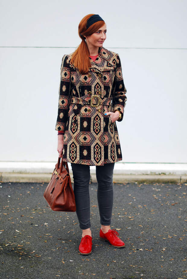 Vintage tapestry coat, red brogues