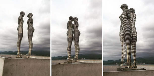 Движущиеся статуи мужчины и женщины в Батуми, которые символизируют трагическую любовь