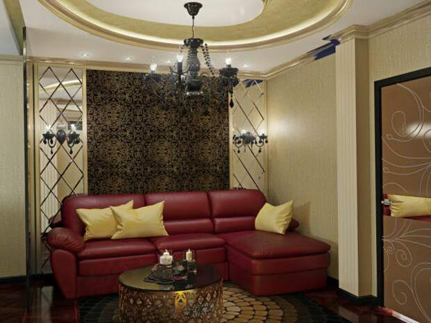 Дизайн-проект квартиры в ЖК Коммунарка, красный диван в гостиную