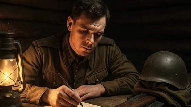 Фронт, зима 1944 года. В землянке при тусклом свете керосиновой лампы советский солдат сидит за деревянным столом и пишет письмо домой. Рядом лежит винтовка, шинель и солдатская каска. На лице бойца — усталость и светлая надежда.