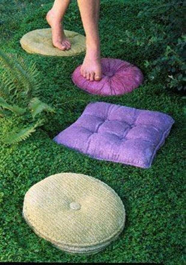 take old pillows, cover with vaseline, then make a cast with plaster of paris. Use the cast to make a concrete stepping stone.: 