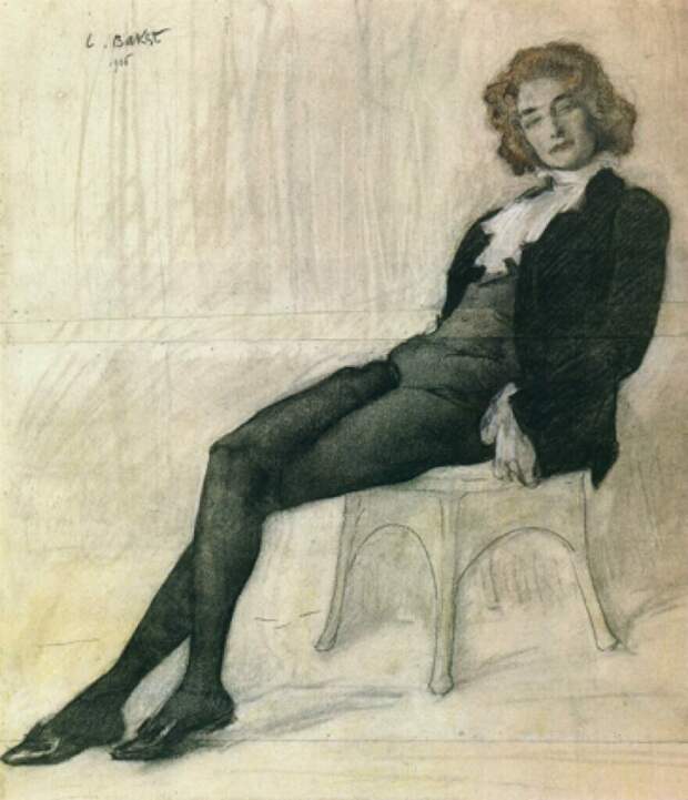 Эскиз Леона Бакста, изображающий З. Гиппиус в виде мужчины. Известно, что поэтесса любила носить мужскую одежду - она подчеркивала ее стройные ноги