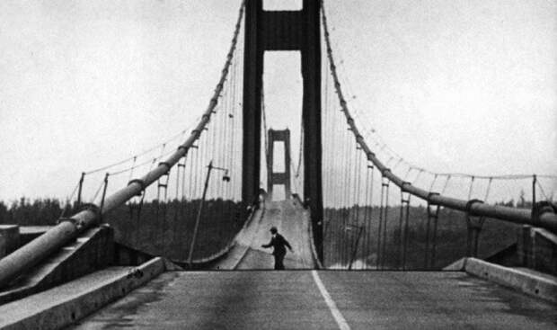 Единственный водитель спасается во время крушения Такомского моста, США, 1940 год история, факты, фото