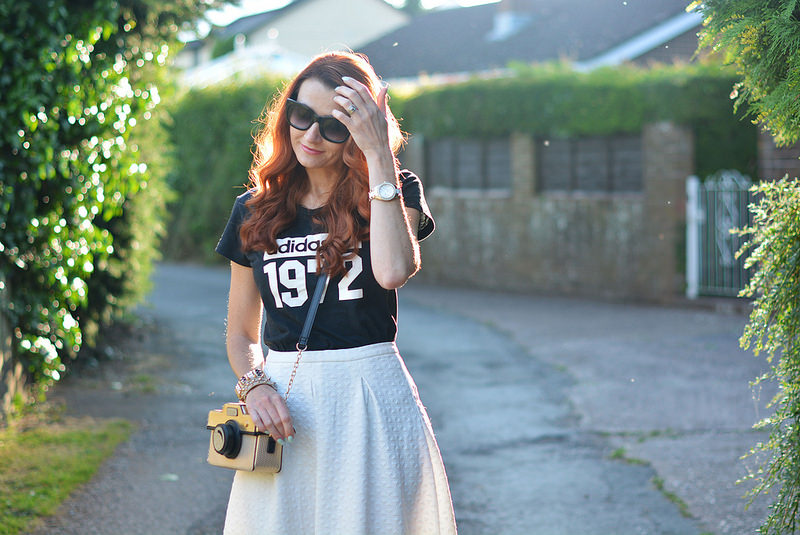 Graphic Adidas t-shirt, white midi, camera cross body bag