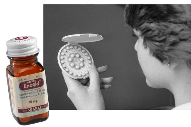 Флакон с таблетками «Эновида», начало 1960-х годов / Женщина с противозачаточными таблетками в руках, 1970-е годы