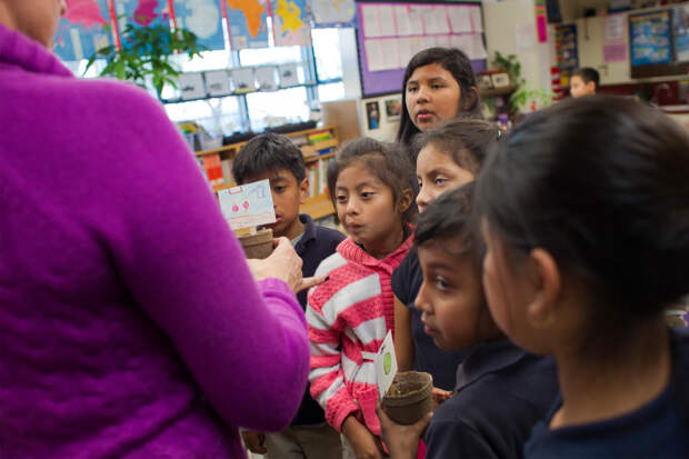 LOS ANGELES, CA - FEBRUARY 24, 2015: Third grade teacher Sylvia Rubalcava discusses new seedlings with her students during  English development class at Gratts Elementary School  on February 24, 2015 in Los Angeles, California. A GOP driven federal education bill could cut $782 million funds for LAUSD low-income schools over the next six years.(Gina Ferazzi / Los Angeles Times) | Photo Credits: Gina Ferazzi