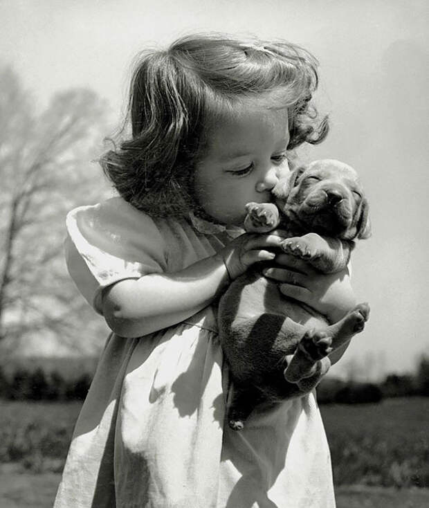 Девочка целует щенка.