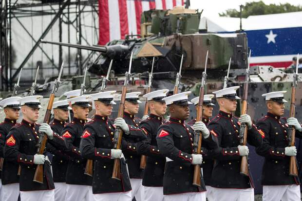 The U.S. Marine Corps Silent Drill Platoon arrives to perform during an Independence Day, July 4, 2019, in Washington.  Alex Brandon, AP.png