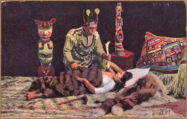 Color_post_card._Indian_witch_doctor__shaman__healing_a_sick_woman._-_NARA_-_297728-610x389
