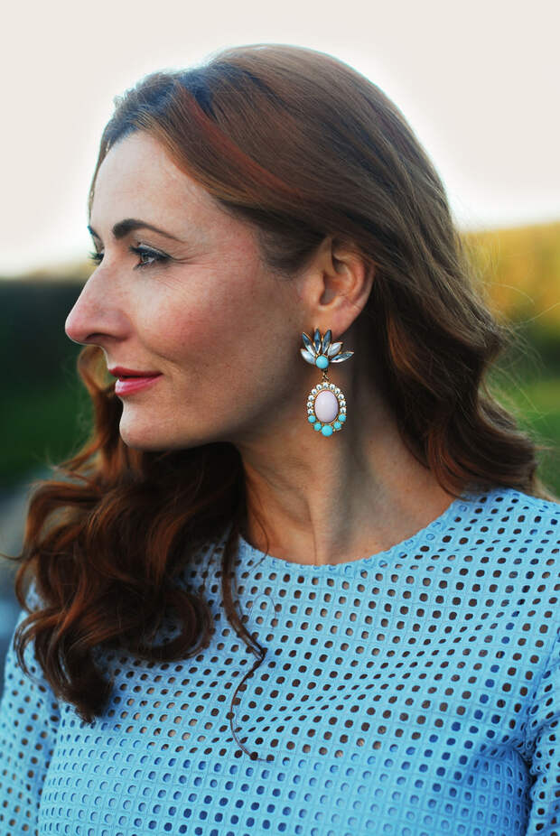 Pale blue eyelet dress and crystal drop earrings