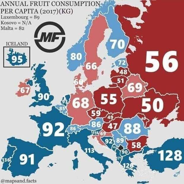13. Годовое потребление фруктов в кг на душу населения в Европе 13. Годовое потребление фруктов в кг на душу населения в Европе