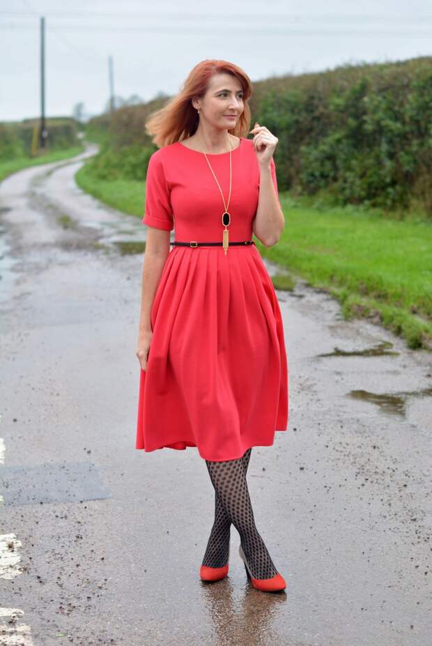 Red fit and flare dress, patterned tights