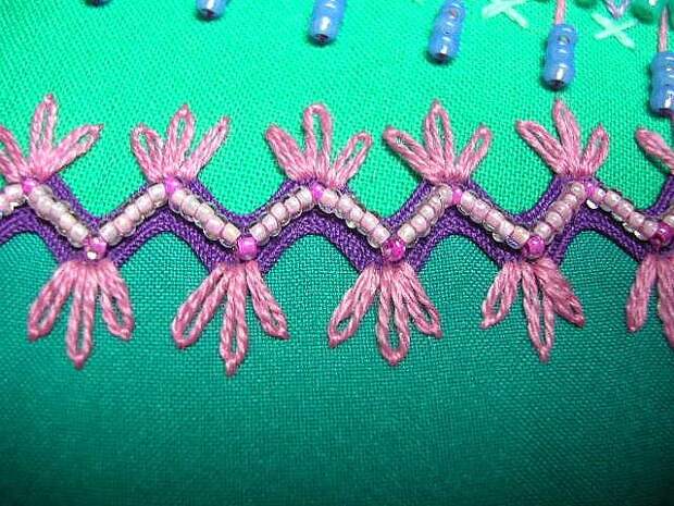 Pink embroidery & beads on purple ric rac: 