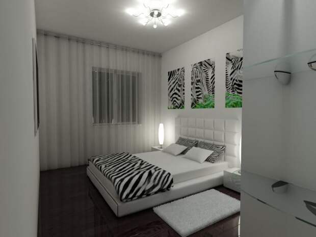 Интерьер спальни, белая спальня с покрывалом зебра