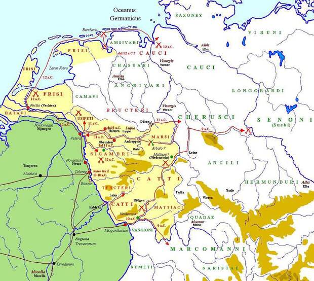 Карта германских походов Друза 12–9 гг. до н.э. - Германские войны: покорение варваров | Военно-исторический портал Warspot.ru