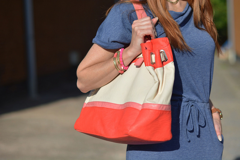 M&S blue tunic dress, colour block tote | Not Dressed As Lamb