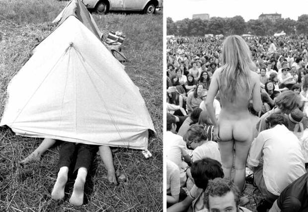 Слева: пара предается свободной любви в палатке, фестиваль Isle of Wight, 1969 год. Справа: обнаженная женщина на концерте в Гайд-парке, 1970 год. интересное/. фотографии, история, хиппи