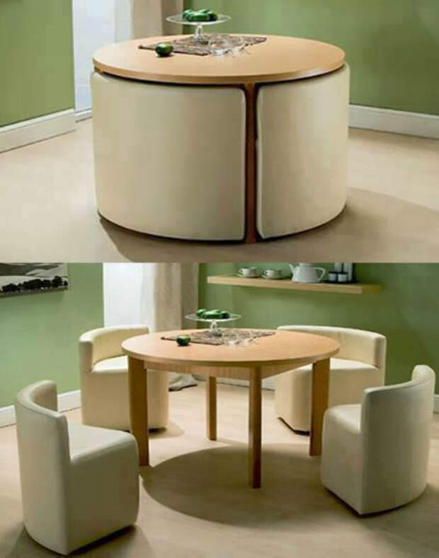 Обеденный стол и 4 кресла складываются и превращаются в небольшой декоративный столик.