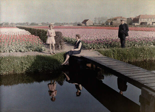 13. Местные жители отдыхают на тюльпановых полях вдоль канала в Харлеме. Нидерланды, 1931 national geographic, история, природа, фотография