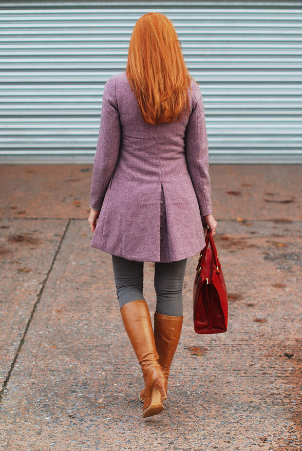 Autumn/Winter style: Peter Pan collar lavender coat, tan boots, red bag