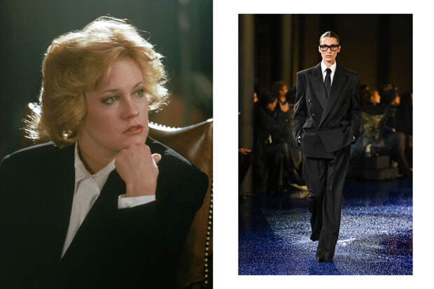 Мелани Гриффит в фильме «Деловая женщина», 1988 год / Белла Хадид на подиуме в рамках показа Saint Laurent, Весна/Лето 2025, 24 сентября 2024 года