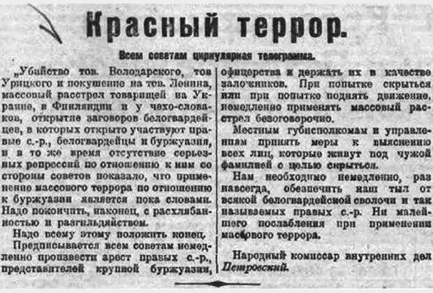 Опубликованный в газетах циркуляр наркома внутренних дел РСФСР Григория Петровского о начале красного террора