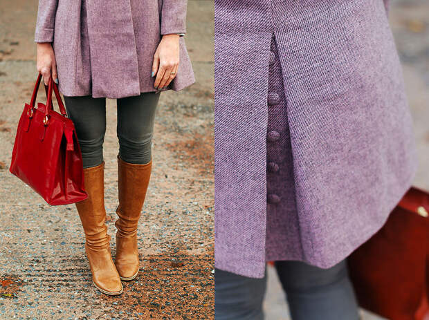 Autumn/Winter style: Peter Pan collar lavender coat, tan boots, red bag