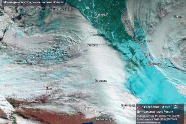 "Роскосмос" показал снимок циклона "Ольга", вызвавшего снегопад в Москве