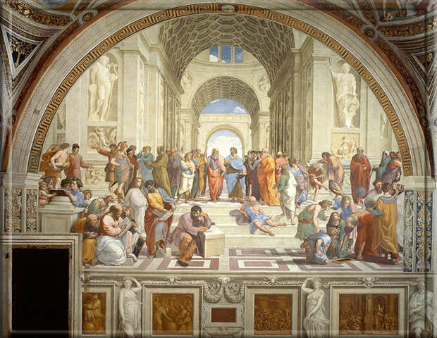 Афинская школа (1509–1511) Рафаэля, расположенная в Рафаэлевских комнатах Апостольского дворца, Ватикан, Италия.