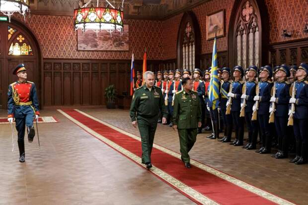 Russian Defence Minister Sergei Shoigu, left, and Commander-in-Chief of Myanmar's armed forces, Senior General Min Aung Hlaing prior to their talks in Moscow. Russia is pivoting towards Southeast Asia, and extending its hands to the reclusive Myanmar junta. AFP
