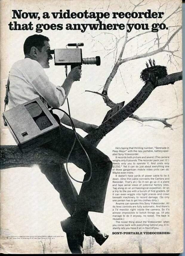 Реклама портативной видеокамеры Sony, 1967 год. история, события, фото