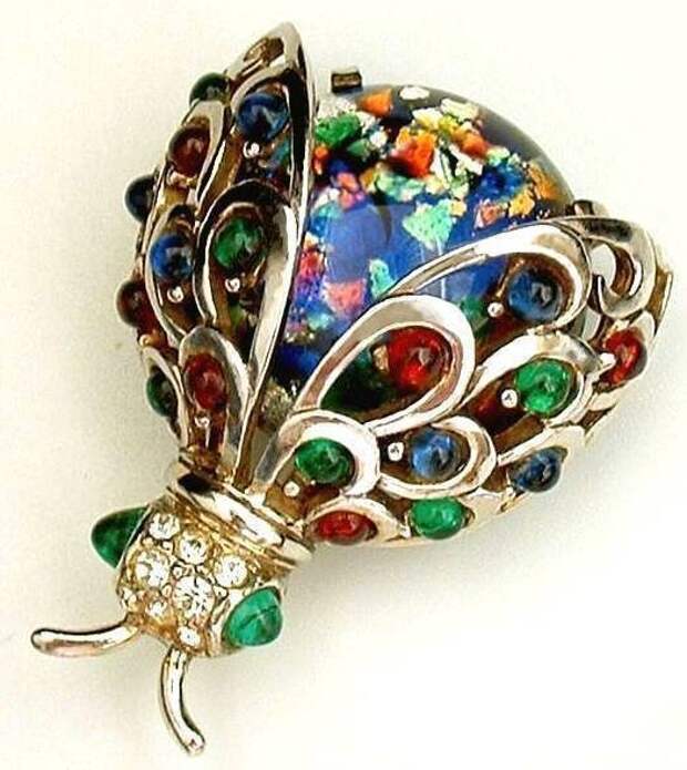 Vintage Marcel Boucher Brooch Sterling Bug Fire Opal Mosaic Glass c.1950s
