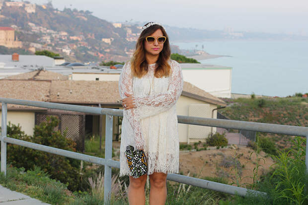 Lace dress floral headband and bag outfit
