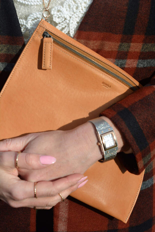 White lace roll neck, plaid jacket, camel leather pouch