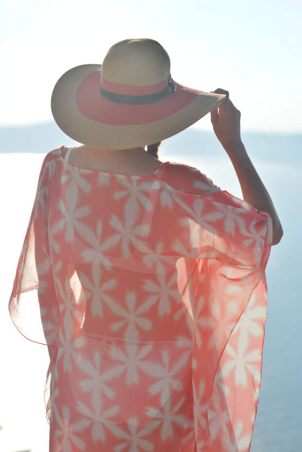 Full length floral kaftan, white bikini, wide-brimmed hat | Not Dressed As Lamb