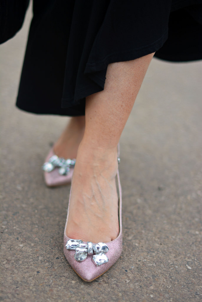 Black maxi skirt, pointed embellished heels