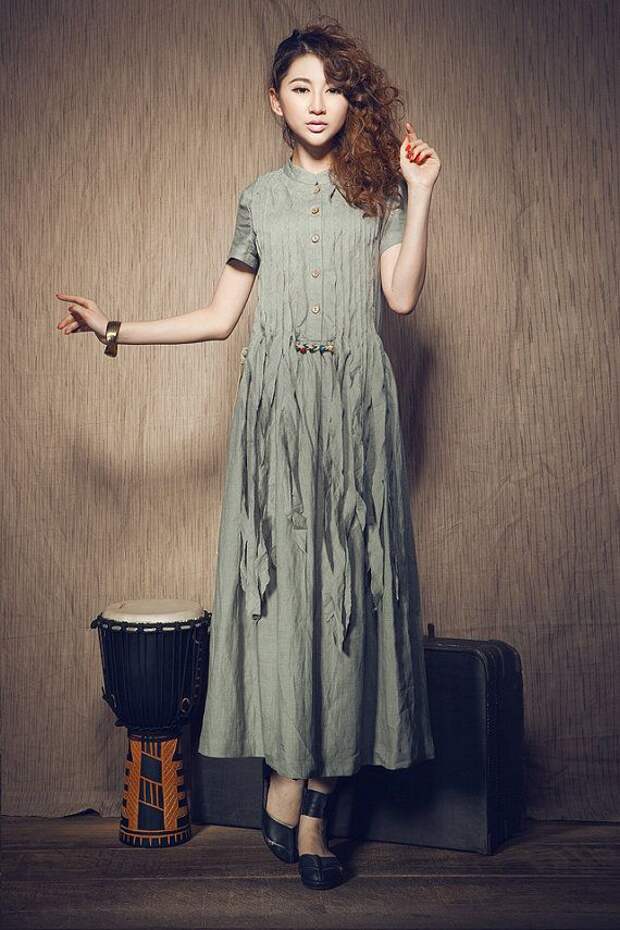 Maxi Linen Dress with pleated tassels / Long linen by camelliatune, $89.00