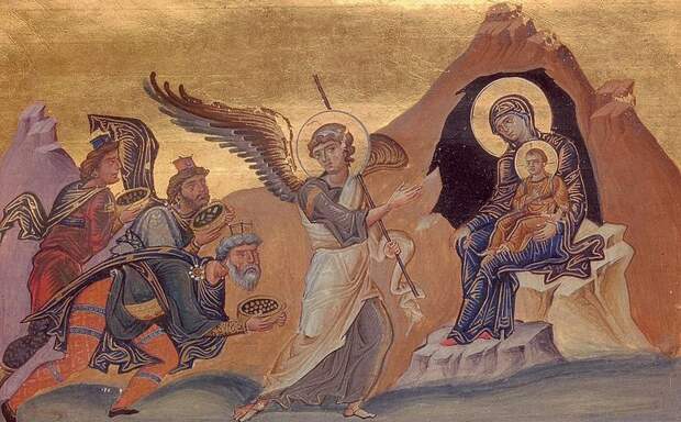 Поклонение волхвов. Иллюстрация в Месяцеслове Василия Второго. 11 век