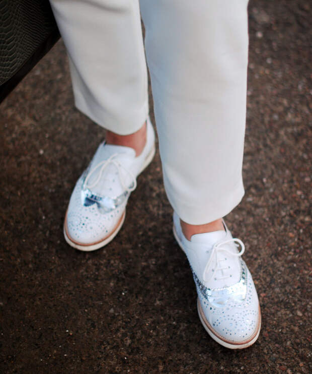 White trousers with silver and white brogues