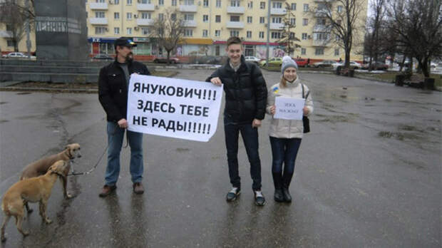 Попова с соратниками выходила на пикеты против Януковича в Ростове, нацепив на куртку украинский флажок//Фото из соцсетей Елены Поповой