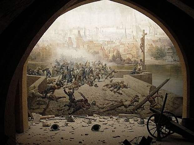 Штурм Праги в 1648 году, во время Тридцатилетней войны. Битва на Карловом мосту. Инсталляция 1891 года.