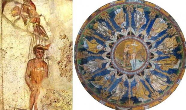 Слева - первая фреска, посвященная Богоявлению; справа - более поздняя роспись купола собора в Равенне.