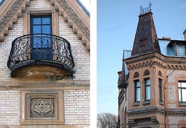 Фрагменты здания. Под балконом видны те самые циркуль и треугольник. /Фото:cityspb.ru