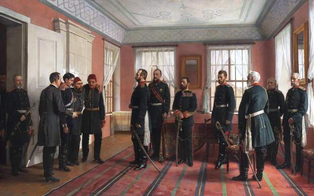 Пленного Осман-Пашу, командовавшего турецкими войсками в Плевне, представляют Александру II в день взятия Плевны русскими войсками 