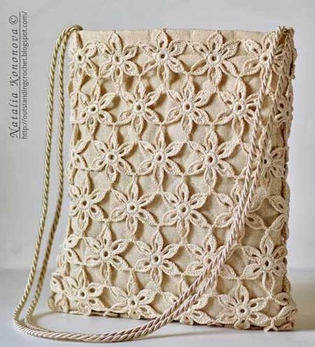 льняная сумка с мотивами вязанными крючком