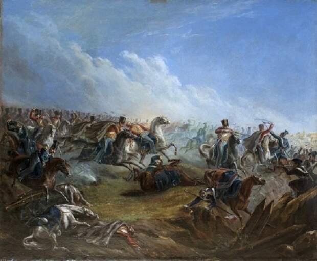 Атака лейб-гвардии гусар под Варшавой 26 августа 1831 года. Масло. (1837 год). Автор: Михаил Лермонтов. Атака лейб-гвардии гусар под Варшавой 26 августа 1831 года. Масло. (1837 год). Автор: Михаил Лермонтов.