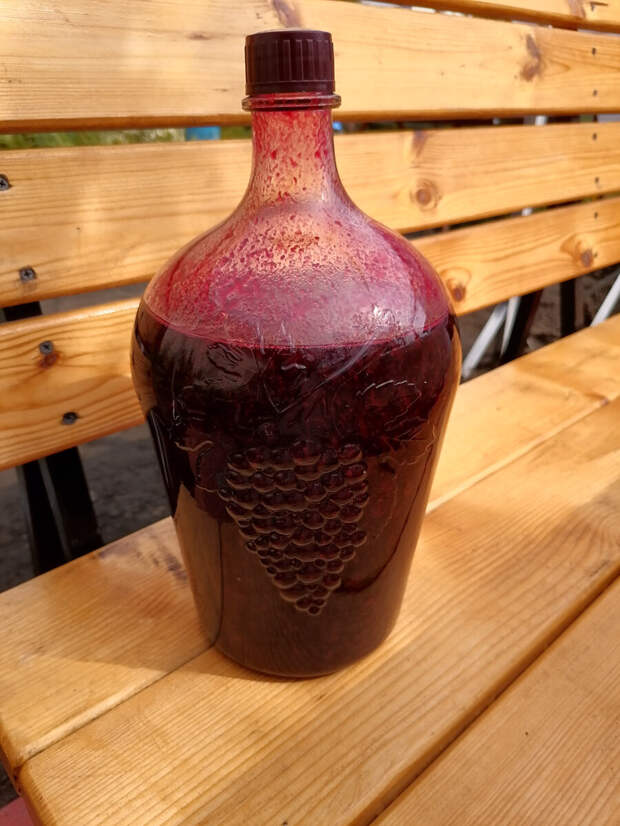 4,5-литровая бутылка с раздавленными ягодами чёрной смородины, настоявшимися в водке в течение 2 недель в сухом и тёмном месте. Фото автора