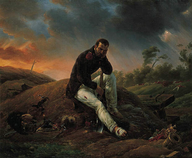Раненый солдат похоронил своих товарищей. Всё та же битва, 1815 год. Художник: Horace Vernet