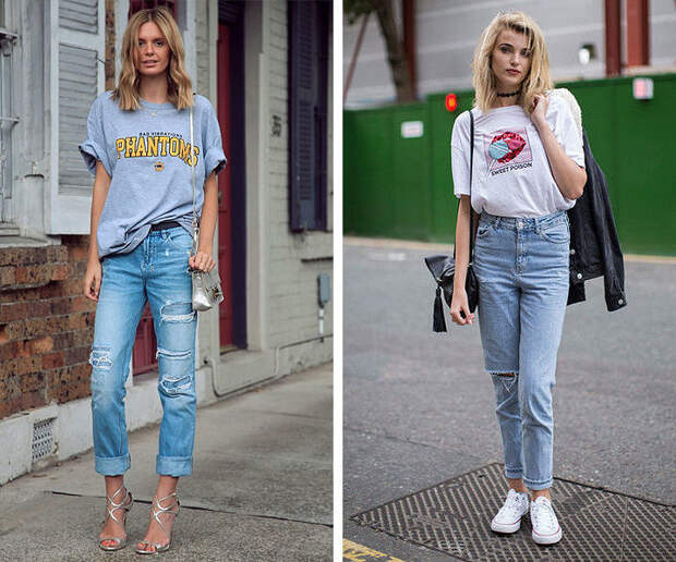 Рваные джинсы и футболка с принтом