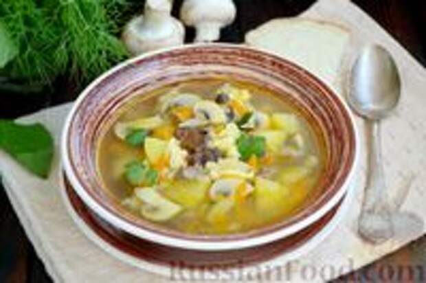 Фото к рецепту: Суп с куриными потрошками, шампиньонами и клецками